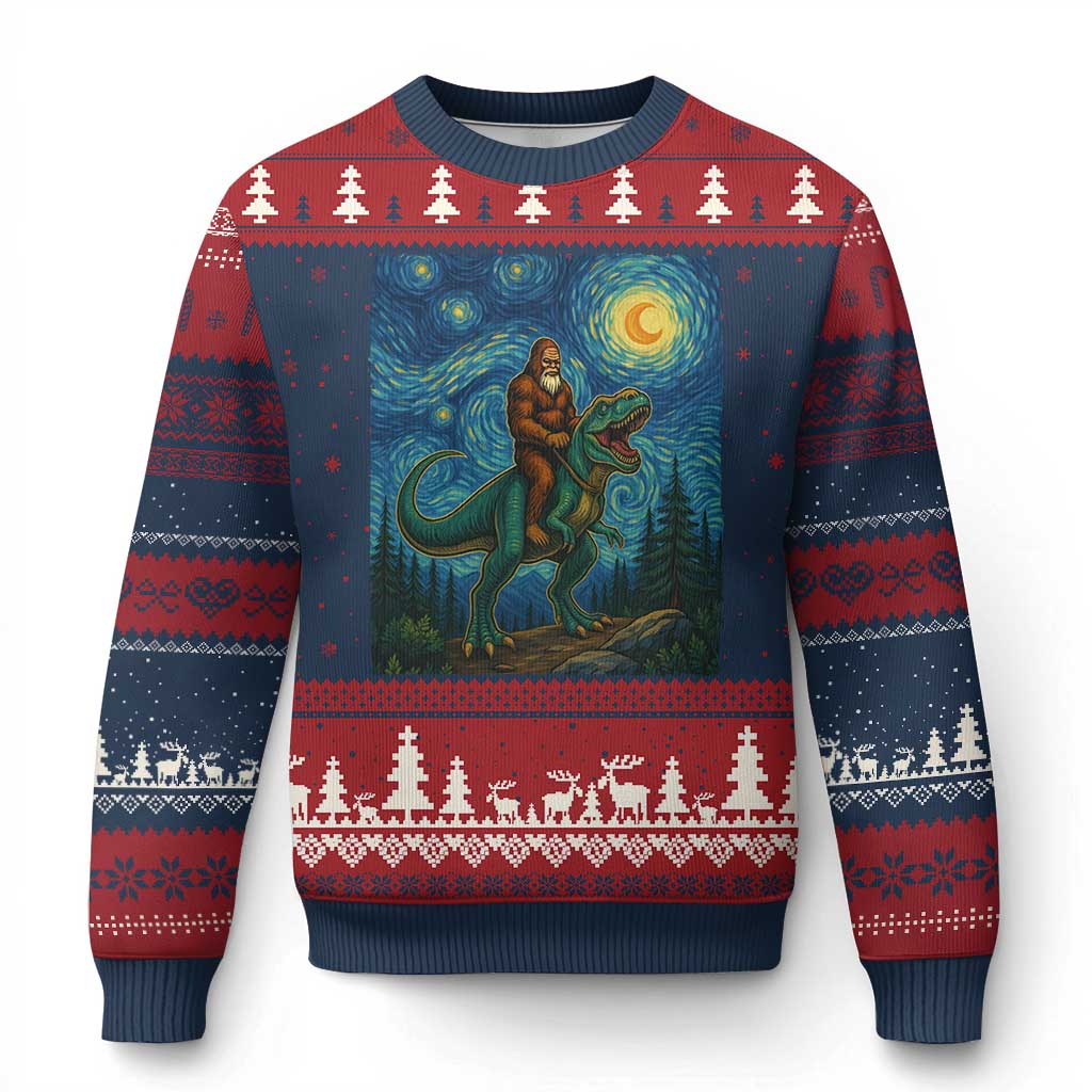 Bigfoot Dinosaur Ugly Christmas Sweater Funny Prehistoric Starry Night Van Gogh - Wonder Print Shop