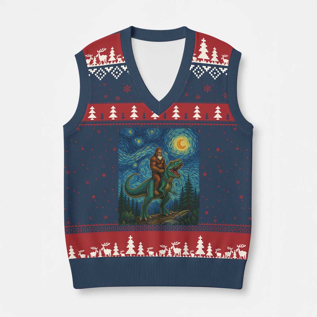 Bigfoot Dinosaur V-Neck Knit Sweater Vest Funny Prehistoric Starry Night Van Gogh - Wonder Print Shop