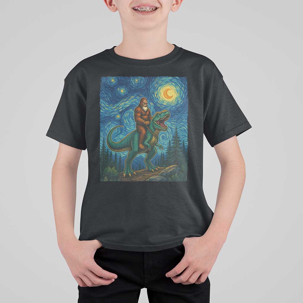 Bigfoot Dinosaur T Shirt For Kid Funny Prehistoric Starry Night Van Gogh - Wonder Print Shop