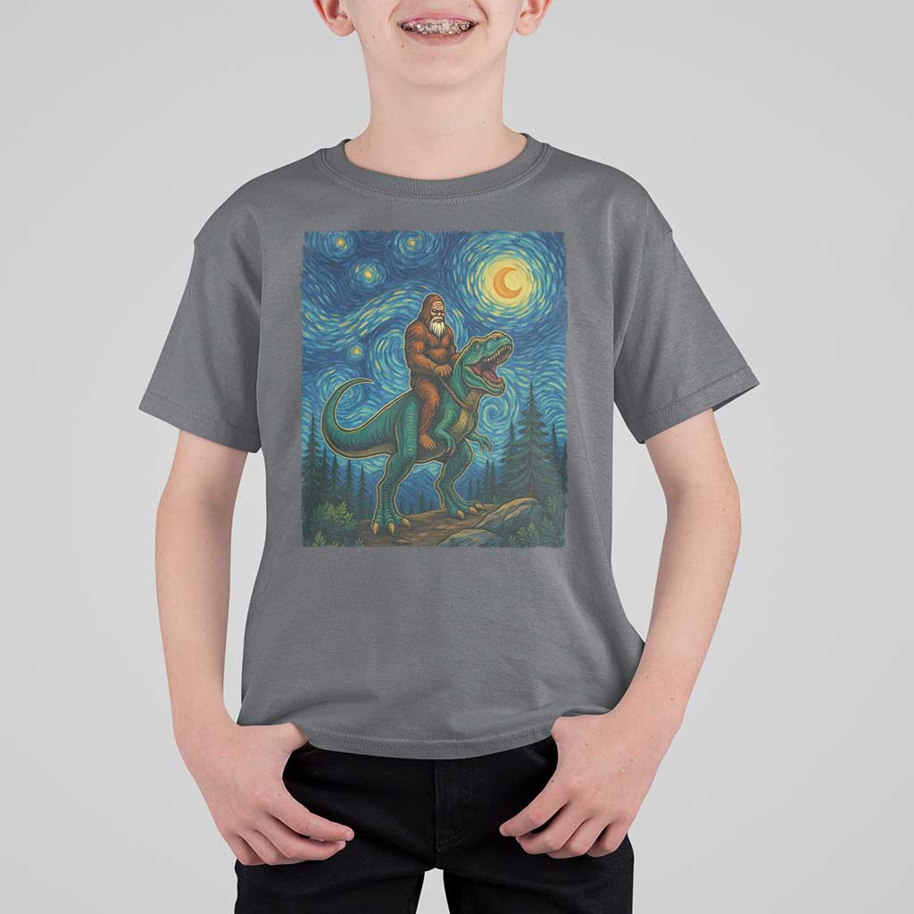 Bigfoot Dinosaur T Shirt For Kid Funny Prehistoric Starry Night Van Gogh - Wonder Print Shop