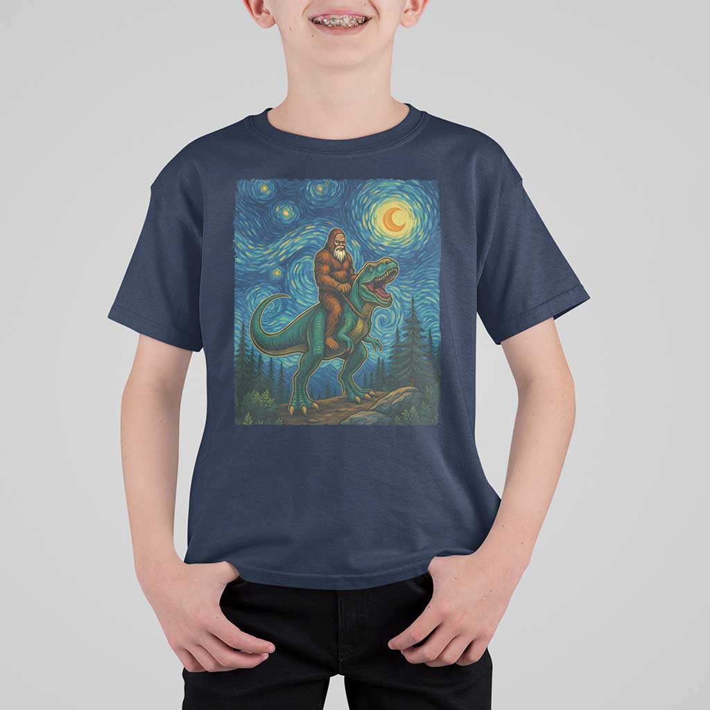 Bigfoot Dinosaur T Shirt For Kid Funny Prehistoric Starry Night Van Gogh - Wonder Print Shop