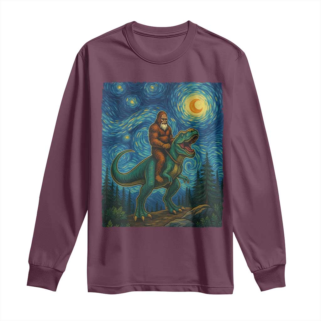 Bigfoot Dinosaur Long Sleeve Shirt Funny Prehistoric Starry Night Van Gogh - Wonder Print Shop