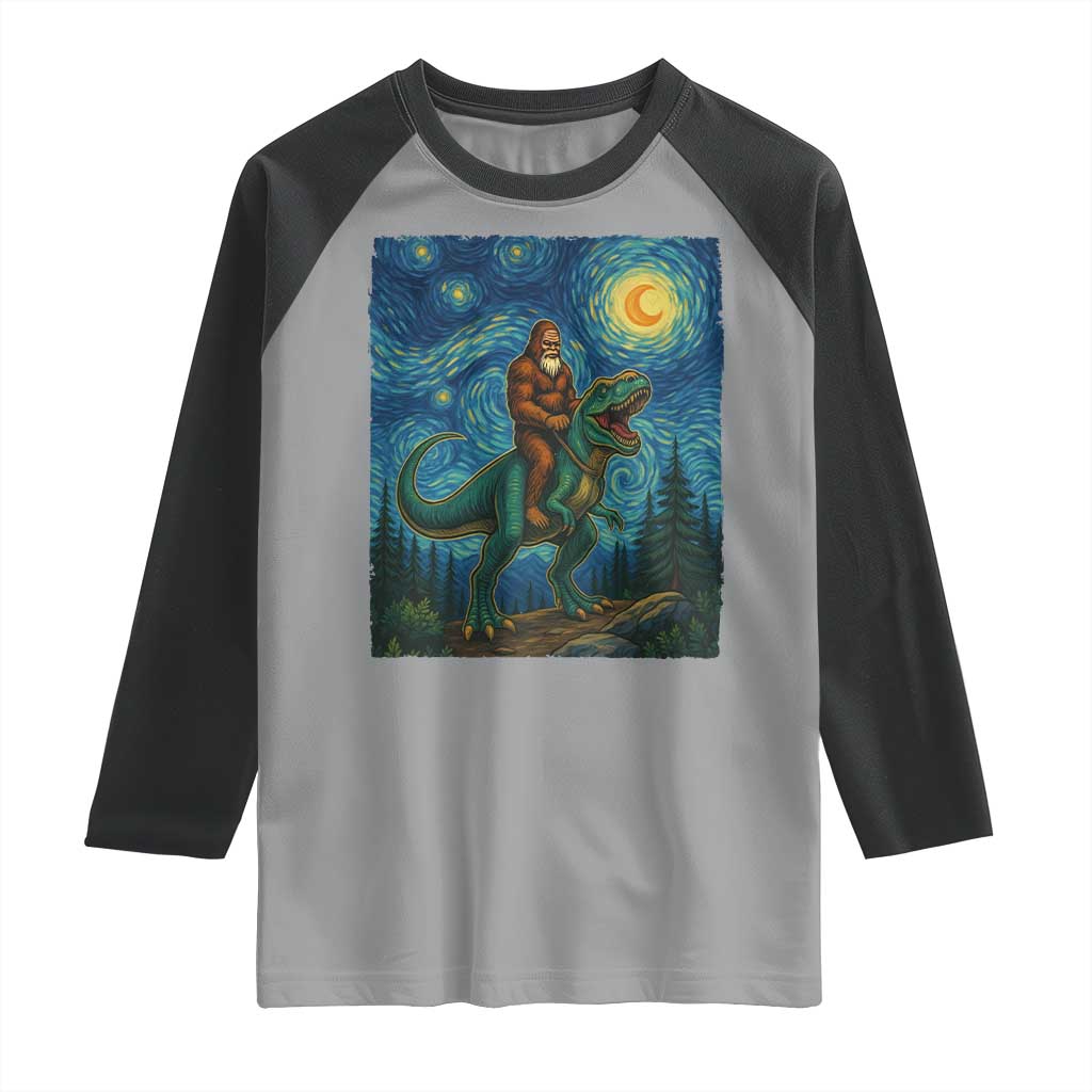 Bigfoot Dinosaur Raglan Shirt Funny Prehistoric Starry Night Van Gogh - Wonder Print Shop