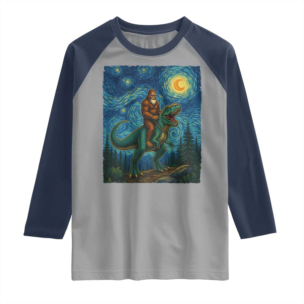 Bigfoot Dinosaur Raglan Shirt Funny Prehistoric Starry Night Van Gogh - Wonder Print Shop