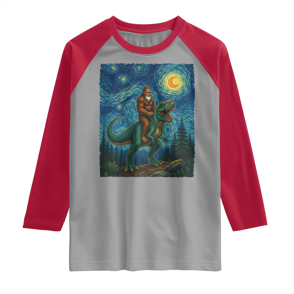 Bigfoot Dinosaur Raglan Shirt Funny Prehistoric Starry Night Van Gogh - Wonder Print Shop