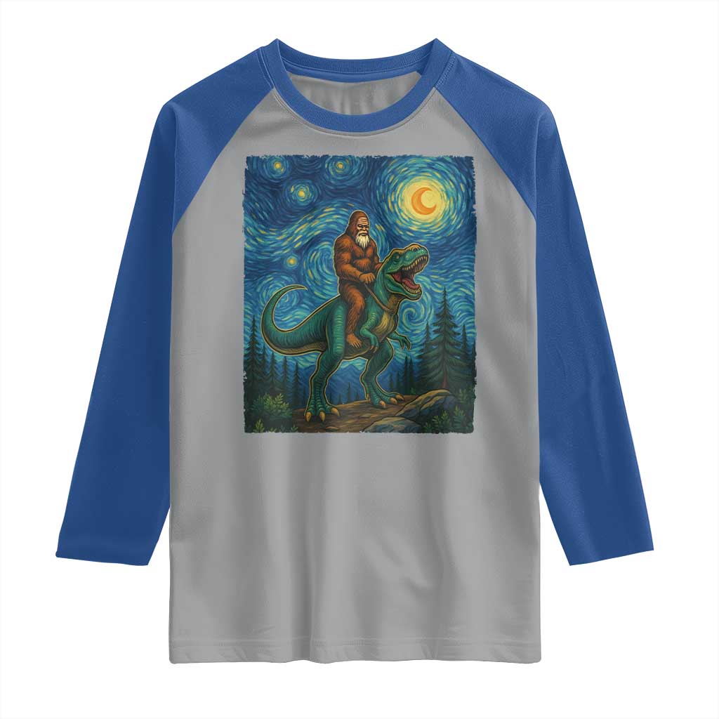 Bigfoot Dinosaur Raglan Shirt Funny Prehistoric Starry Night Van Gogh - Wonder Print Shop