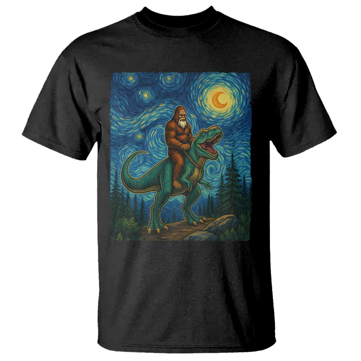 Bigfoot Dinosaur T Shirt Funny Prehistoric Starry Night Van Gogh - Wonder Print Shop