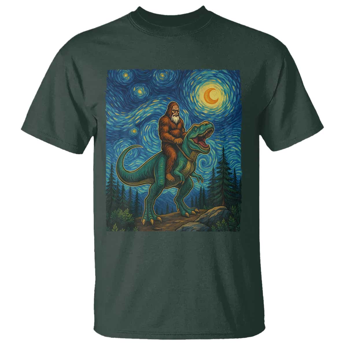 Bigfoot Dinosaur T Shirt Funny Prehistoric Starry Night Van Gogh - Wonder Print Shop