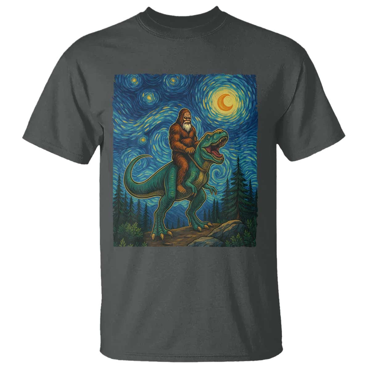 Bigfoot Dinosaur T Shirt Funny Prehistoric Starry Night Van Gogh - Wonder Print Shop