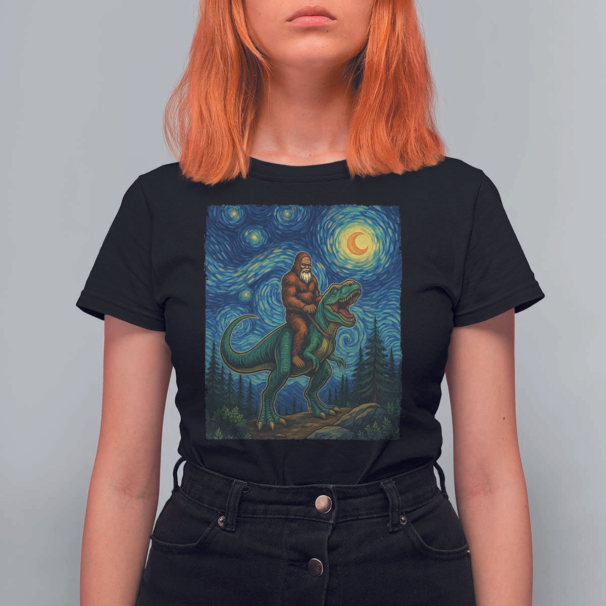 Bigfoot Dinosaur T Shirt For Women Funny Prehistoric Starry Night Van Gogh - Wonder Print Shop