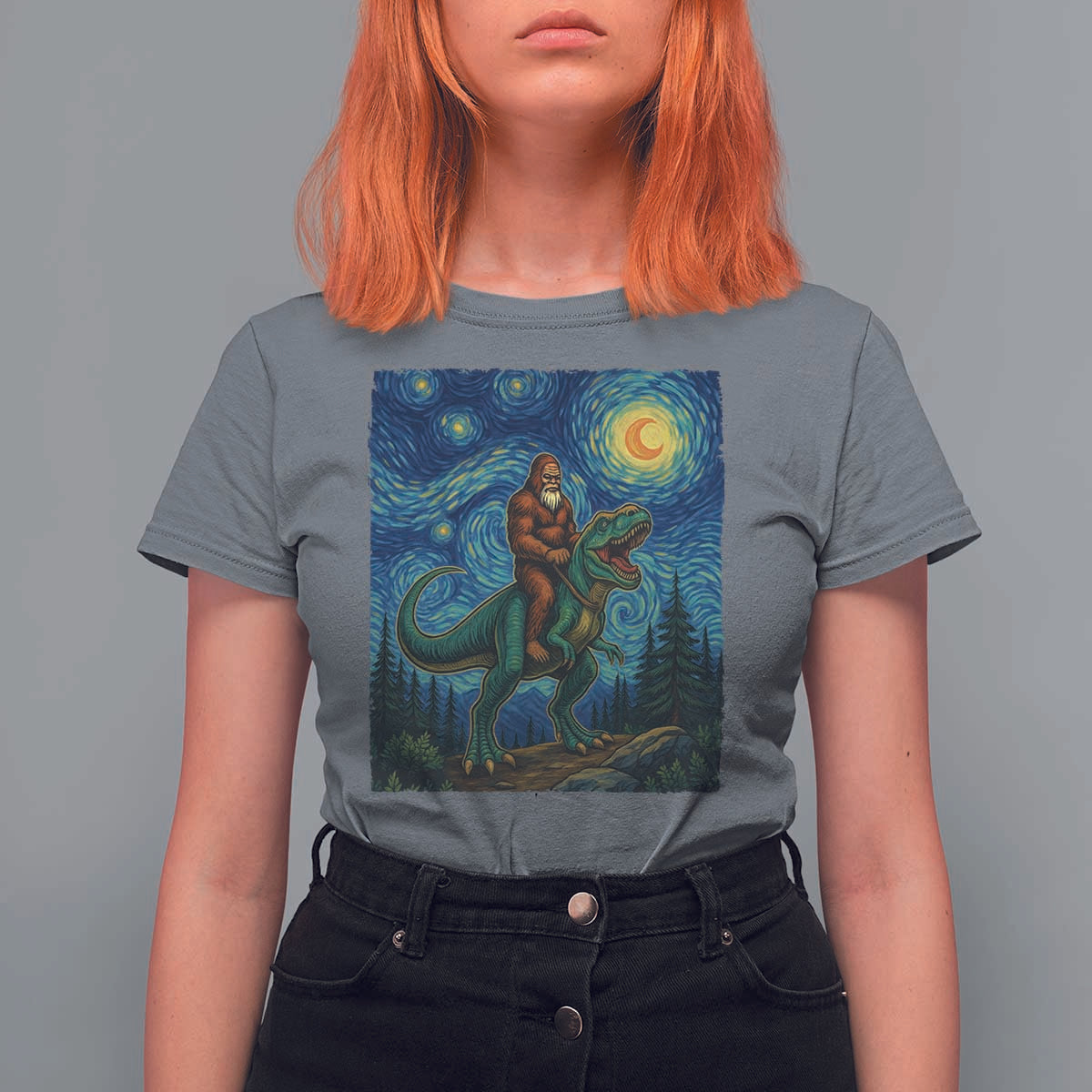Bigfoot Dinosaur T Shirt For Women Funny Prehistoric Starry Night Van Gogh - Wonder Print Shop