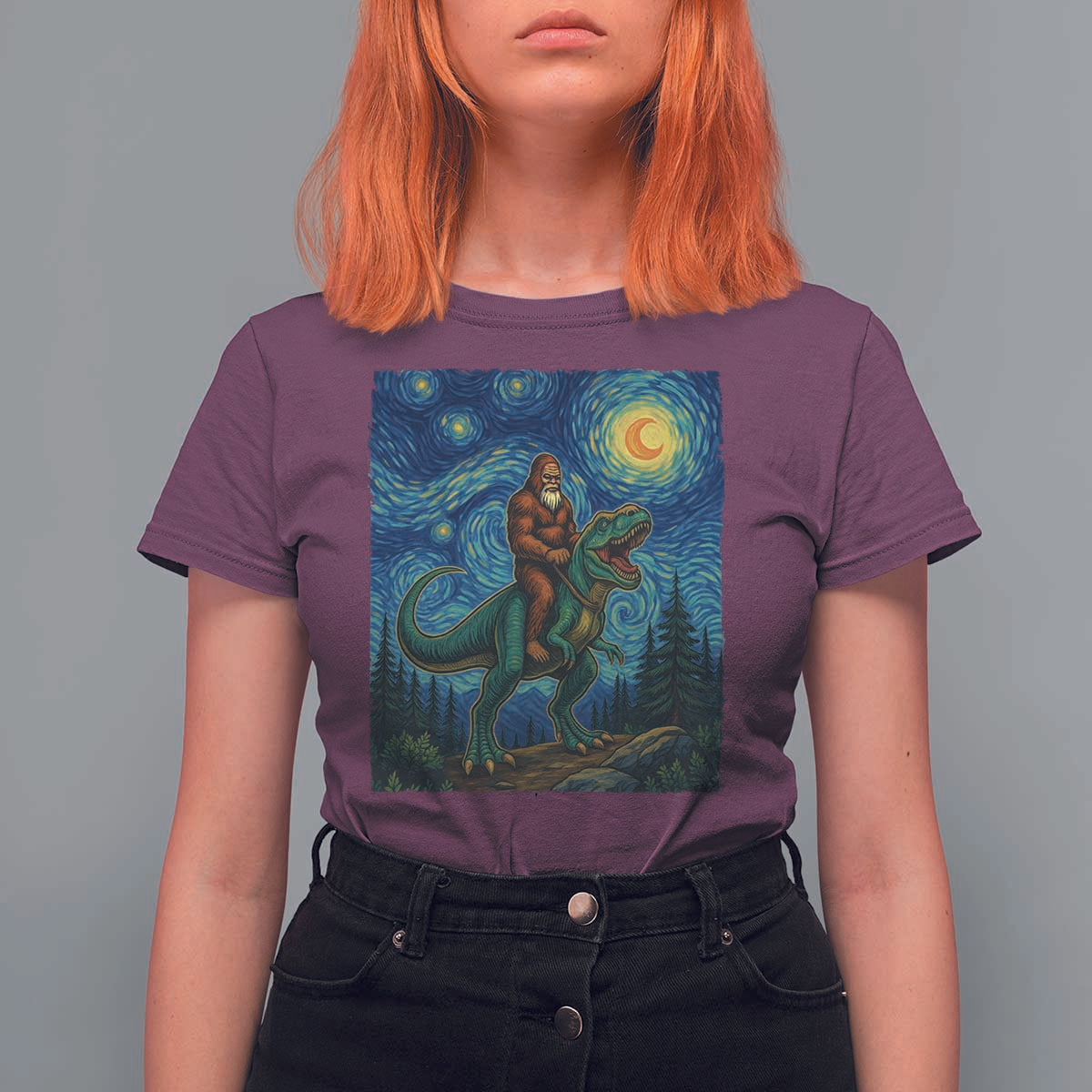 Bigfoot Dinosaur T Shirt For Women Funny Prehistoric Starry Night Van Gogh - Wonder Print Shop