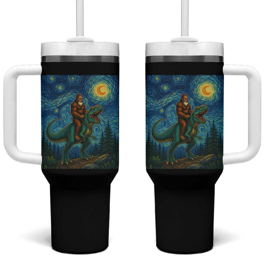Bigfoot Dinosaur Tumbler With Handle Funny Prehistoric Starry Night Van Gogh