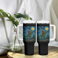 Bigfoot Dinosaur Tumbler With Handle Funny Prehistoric Starry Night Van Gogh