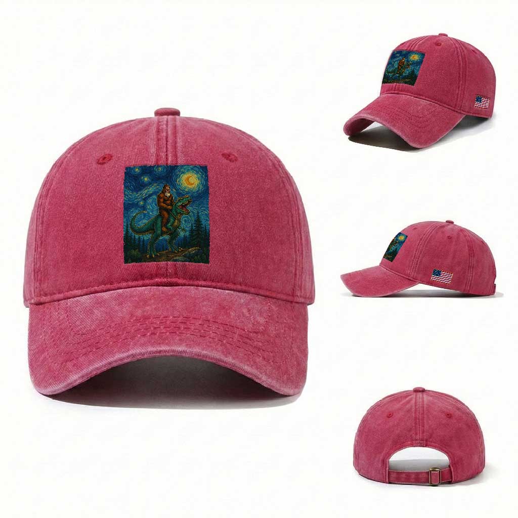 Bigfoot Dinosaur Washed Cotton Baseball Cap Funny Prehistoric Starry Night Van Gogh
