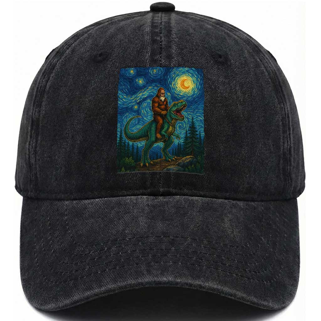 Bigfoot Dinosaur Washed Cotton Baseball Cap Funny Prehistoric Starry Night Van Gogh