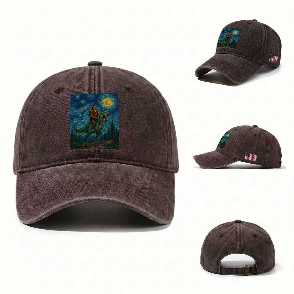 Bigfoot Dinosaur Washed Cotton Baseball Cap Funny Prehistoric Starry Night Van Gogh