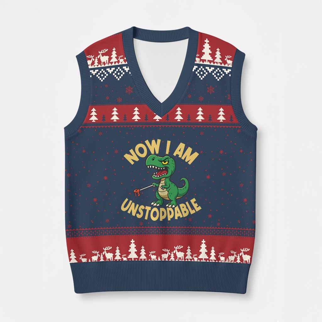 Now I Am Unstoppable V-Neck Knit Sweater Vest Funny Dinosaur Lovers - Wonder Print Shop