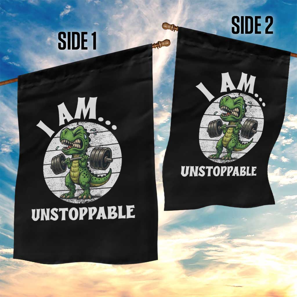 I Am Unstoppable Garden Flag Funny Weightlifting Dinosaur Gym - Wonder Print Shop