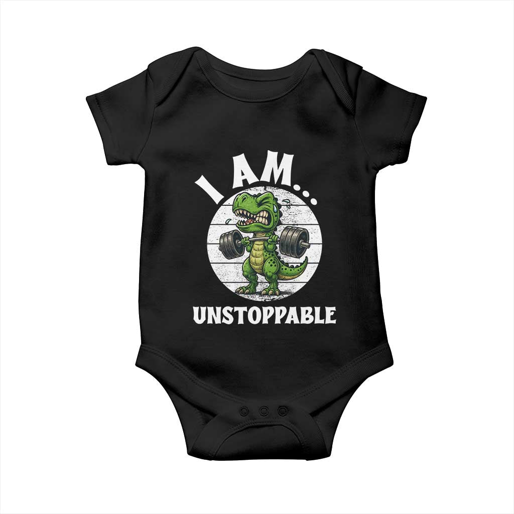 I Am Unstoppable Baby Onesie Funny Weightlifting Dinosaur Gym - Wonder Print Shop