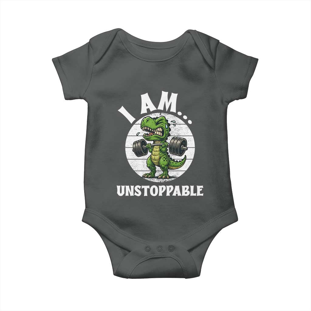 I Am Unstoppable Baby Onesie Funny Weightlifting Dinosaur Gym - Wonder Print Shop