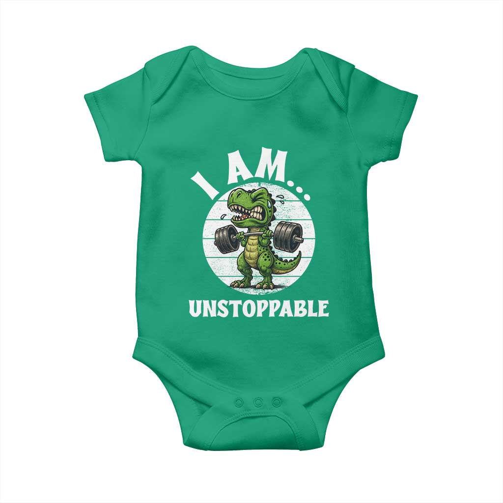 I Am Unstoppable Baby Onesie Funny Weightlifting Dinosaur Gym - Wonder Print Shop