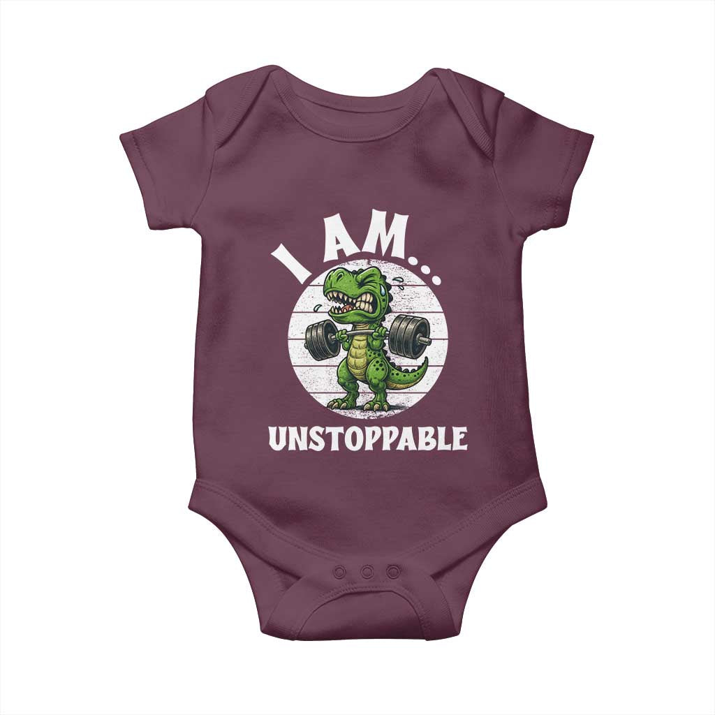 I Am Unstoppable Baby Onesie Funny Weightlifting Dinosaur Gym - Wonder Print Shop