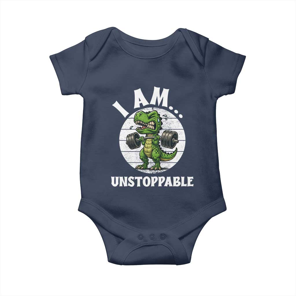 I Am Unstoppable Baby Onesie Funny Weightlifting Dinosaur Gym - Wonder Print Shop