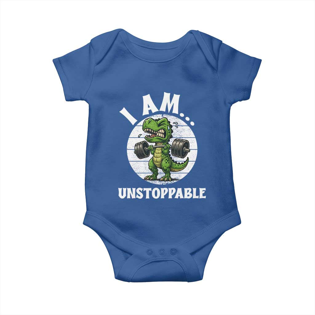 I Am Unstoppable Baby Onesie Funny Weightlifting Dinosaur Gym - Wonder Print Shop