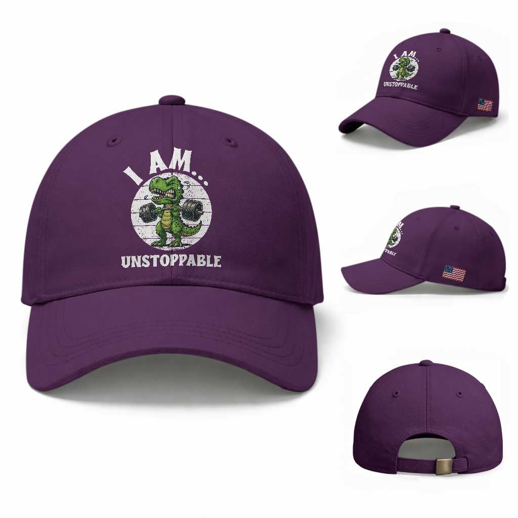 I Am Unstoppable Baseball Cap Funny Weightlifting Dinosaur Gym