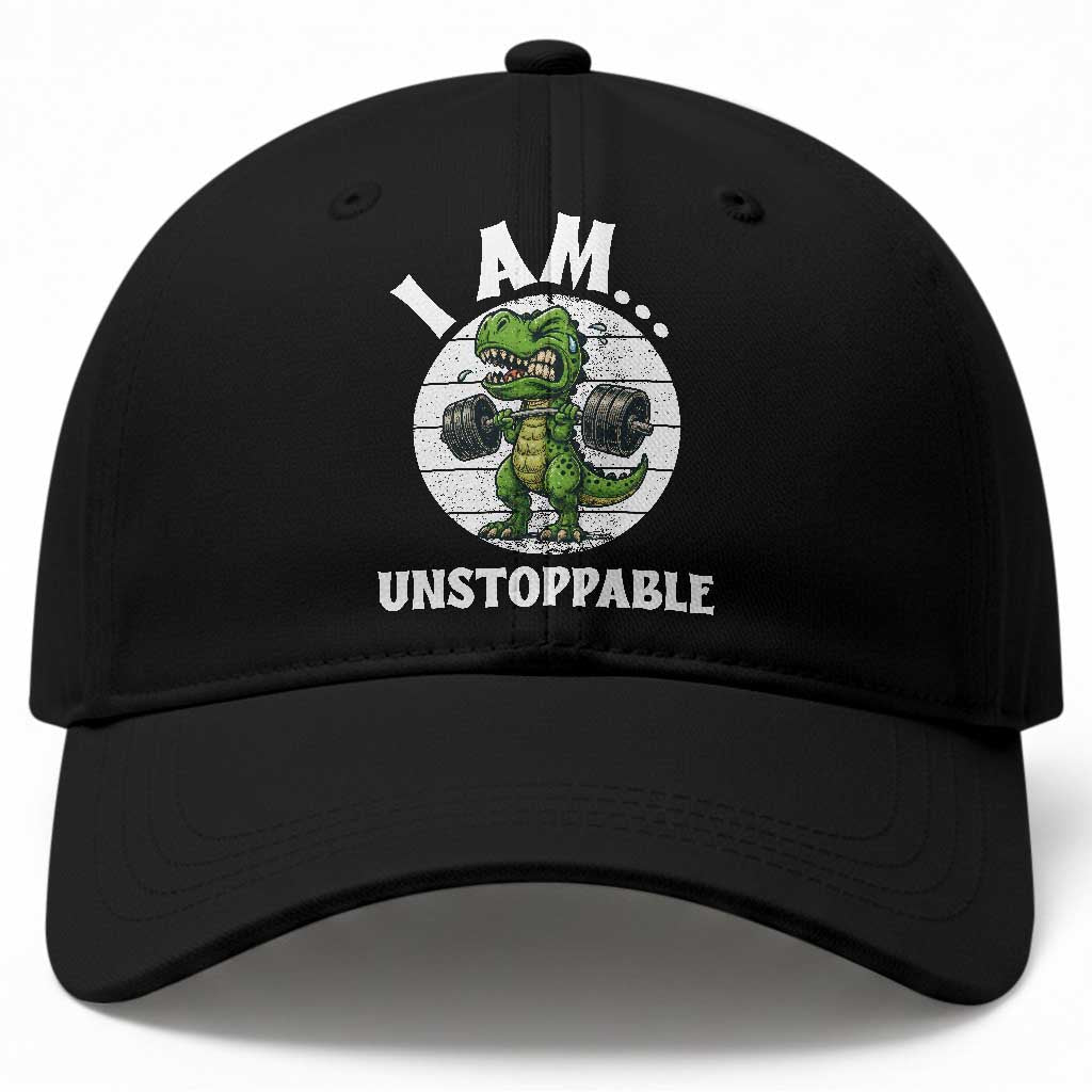 I Am Unstoppable Baseball Cap Funny Weightlifting Dinosaur Gym