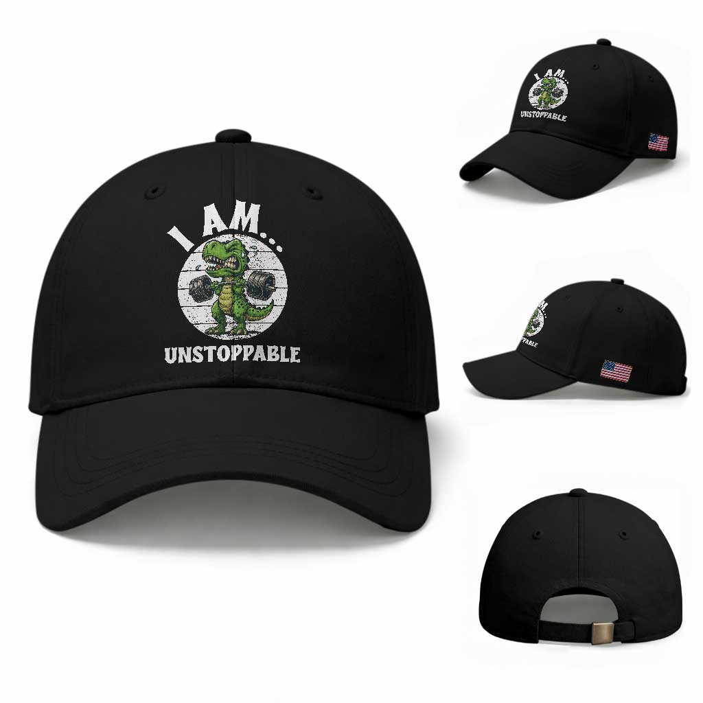 I Am Unstoppable Baseball Cap Funny Weightlifting Dinosaur Gym