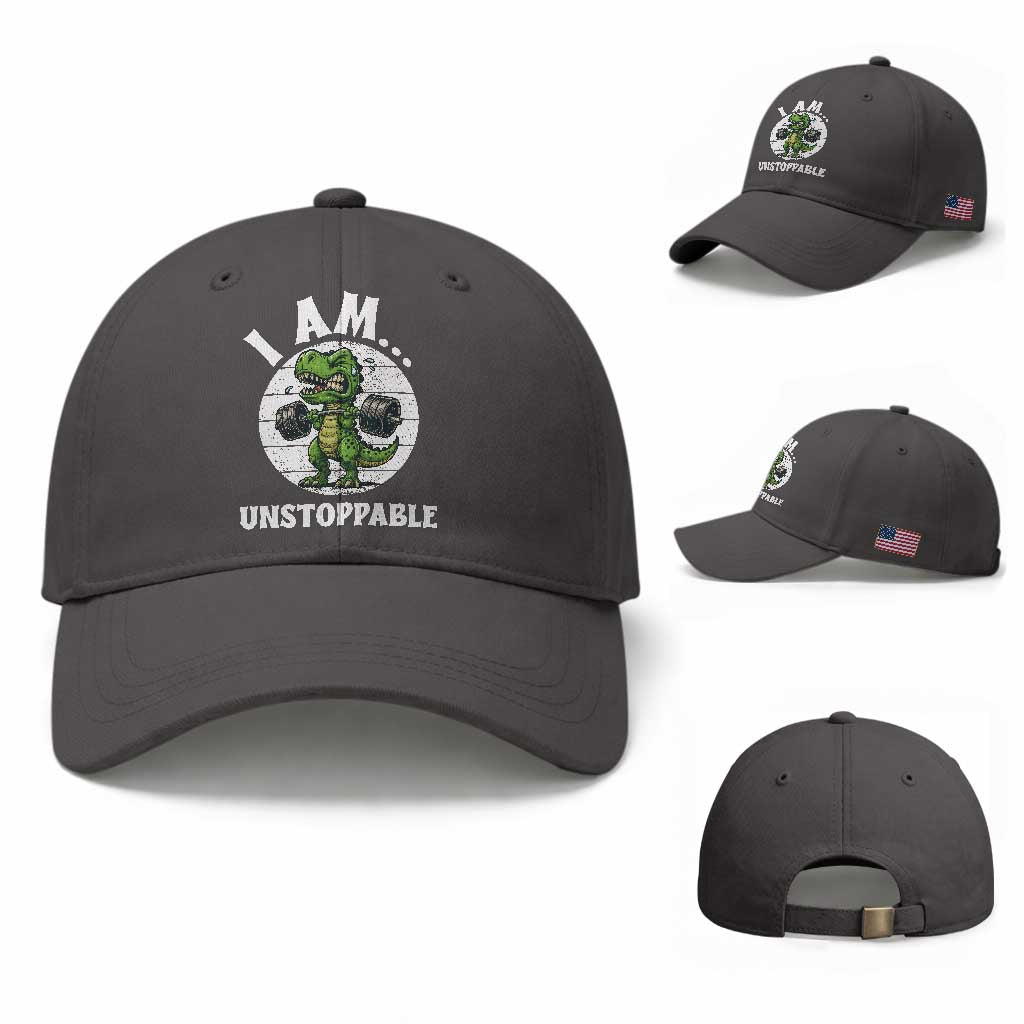 I Am Unstoppable Baseball Cap Funny Weightlifting Dinosaur Gym