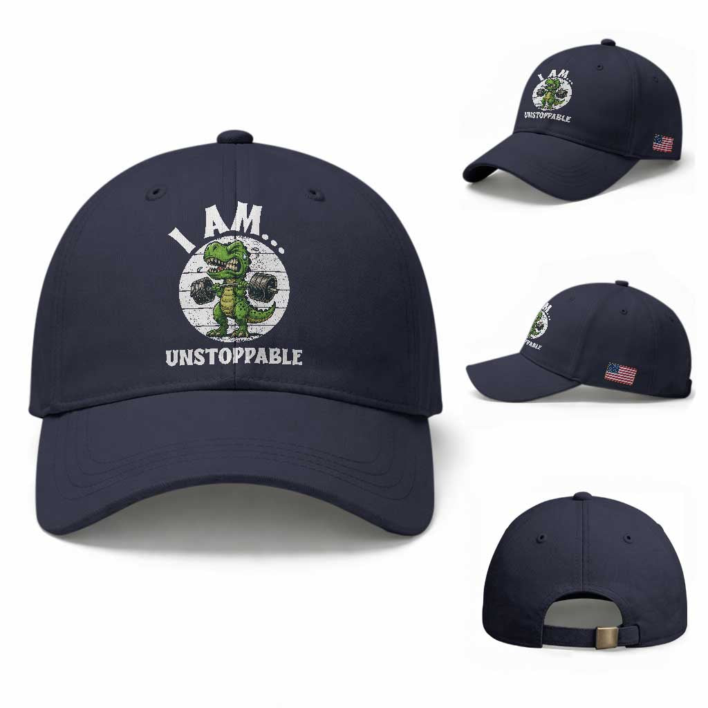 I Am Unstoppable Baseball Cap Funny Weightlifting Dinosaur Gym