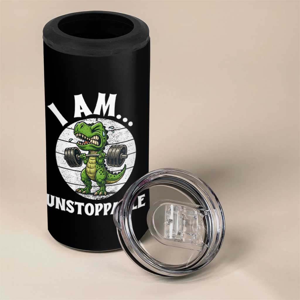 I Am Unstoppable 4 in 1 Can Cooler Tumbler Funny Weightlifting Dinosaur Gym