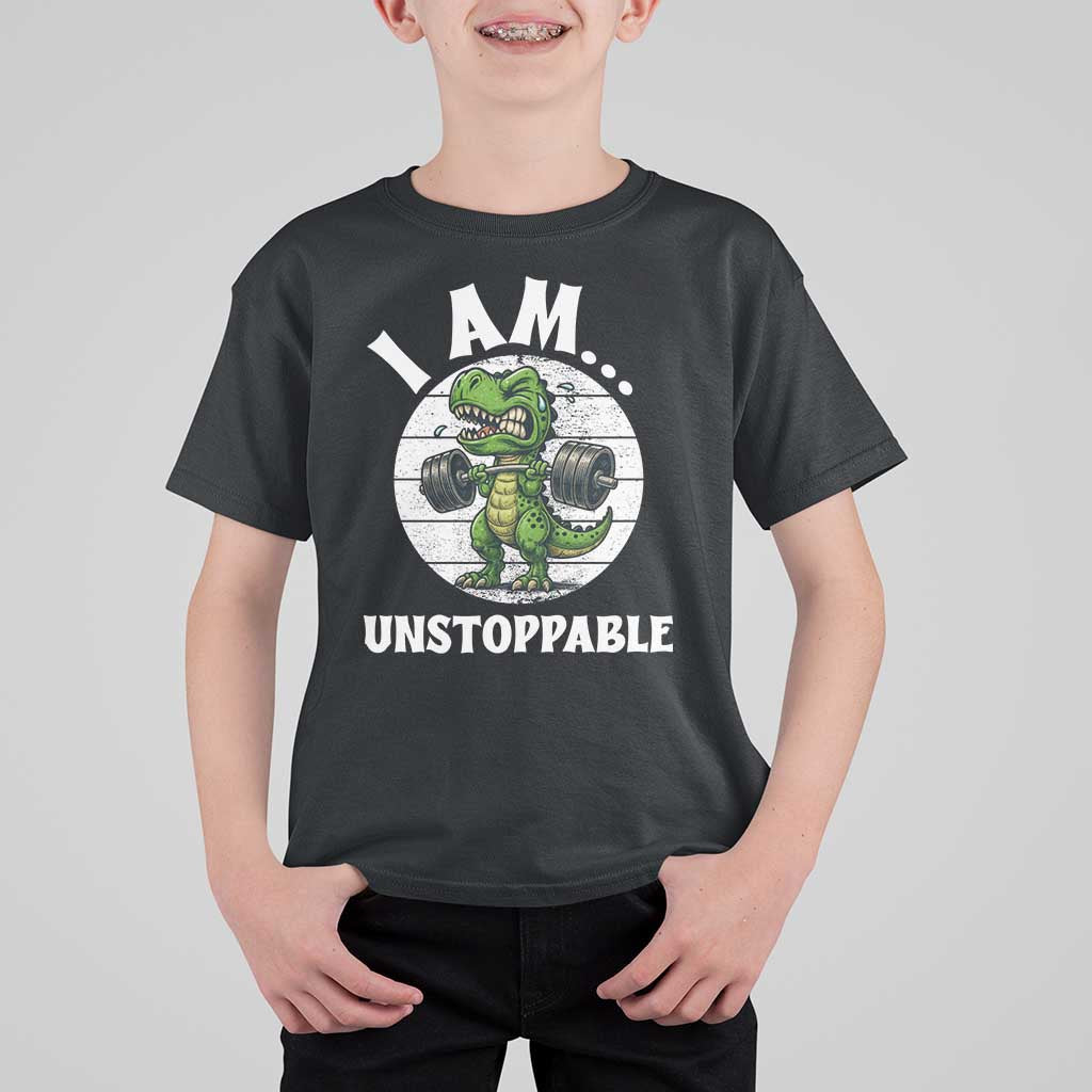 I Am Unstoppable T Shirt For Kid Funny Weightlifting Dinosaur Gym - Wonder Print Shop