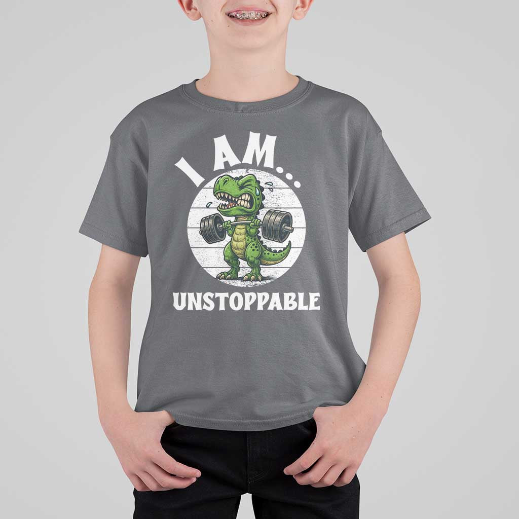 I Am Unstoppable T Shirt For Kid Funny Weightlifting Dinosaur Gym - Wonder Print Shop