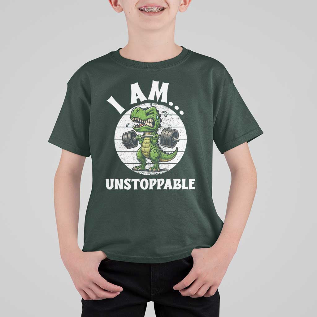 I Am Unstoppable T Shirt For Kid Funny Weightlifting Dinosaur Gym - Wonder Print Shop