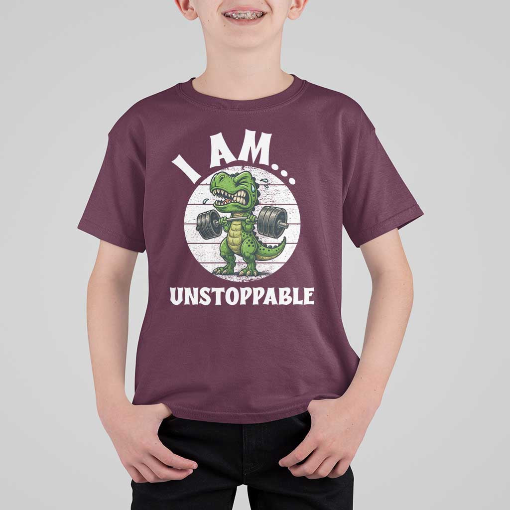 I Am Unstoppable T Shirt For Kid Funny Weightlifting Dinosaur Gym - Wonder Print Shop