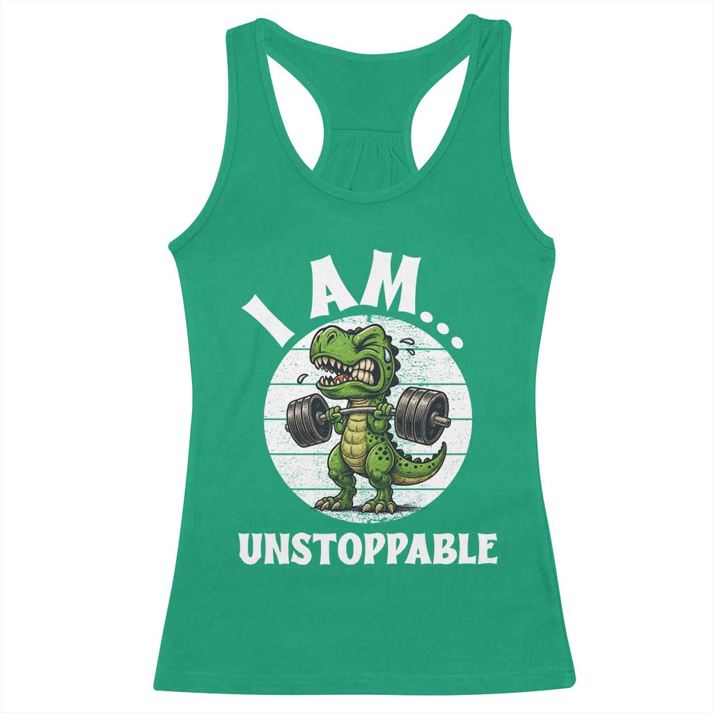 I Am Unstoppable Racerback Tank Top Funny Weightlifting Dinosaur Gym - Wonder Print Shop