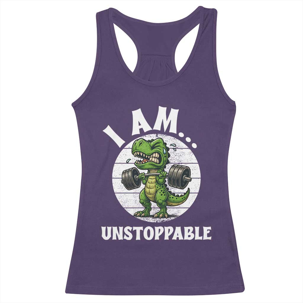 I Am Unstoppable Racerback Tank Top Funny Weightlifting Dinosaur Gym - Wonder Print Shop