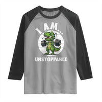 I Am Unstoppable Raglan Shirt Funny Weightlifting Dinosaur Gym - Wonder Print Shop