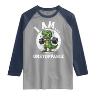 I Am Unstoppable Raglan Shirt Funny Weightlifting Dinosaur Gym - Wonder Print Shop