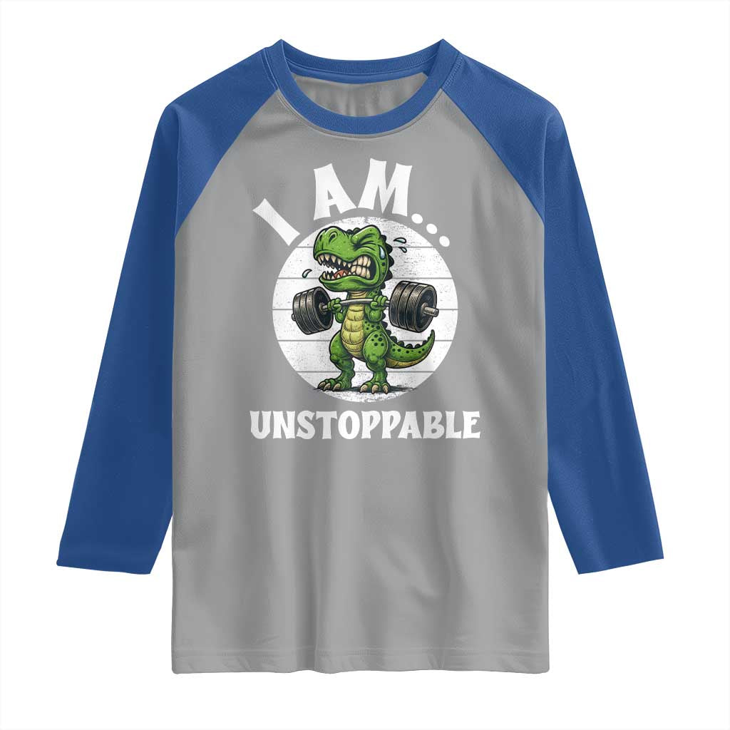 I Am Unstoppable Raglan Shirt Funny Weightlifting Dinosaur Gym - Wonder Print Shop