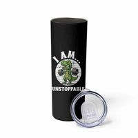 I Am Unstoppable Skinny Tumbler Funny Weightlifting Dinosaur Gym