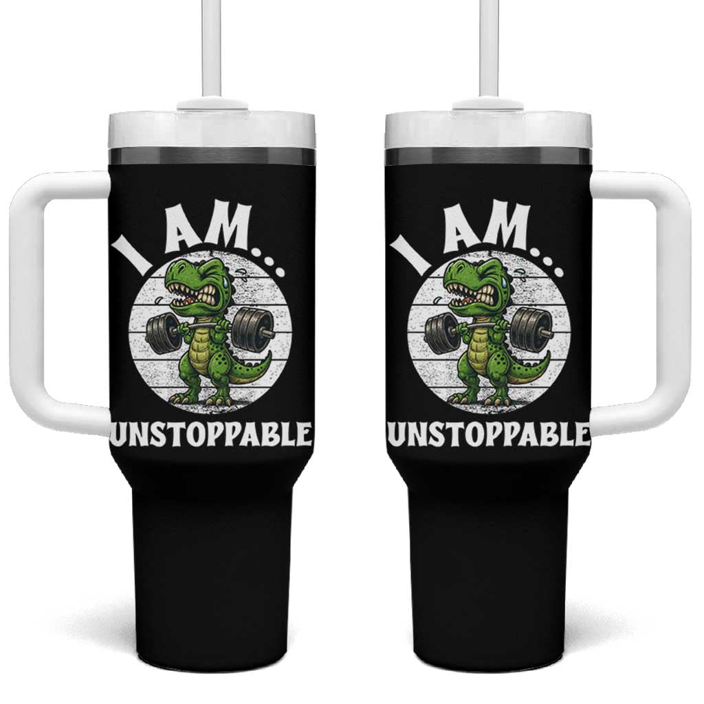 I Am Unstoppable Tumbler With Handle Funny Weightlifting Dinosaur Gym
