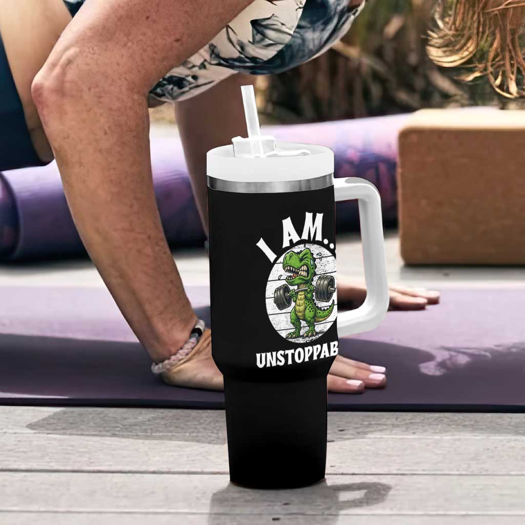 I Am Unstoppable Tumbler With Handle Funny Weightlifting Dinosaur Gym