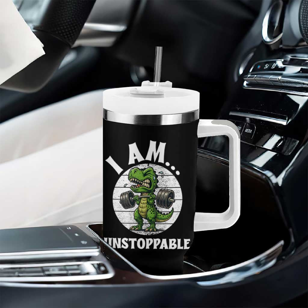 I Am Unstoppable Tumbler With Handle Funny Weightlifting Dinosaur Gym