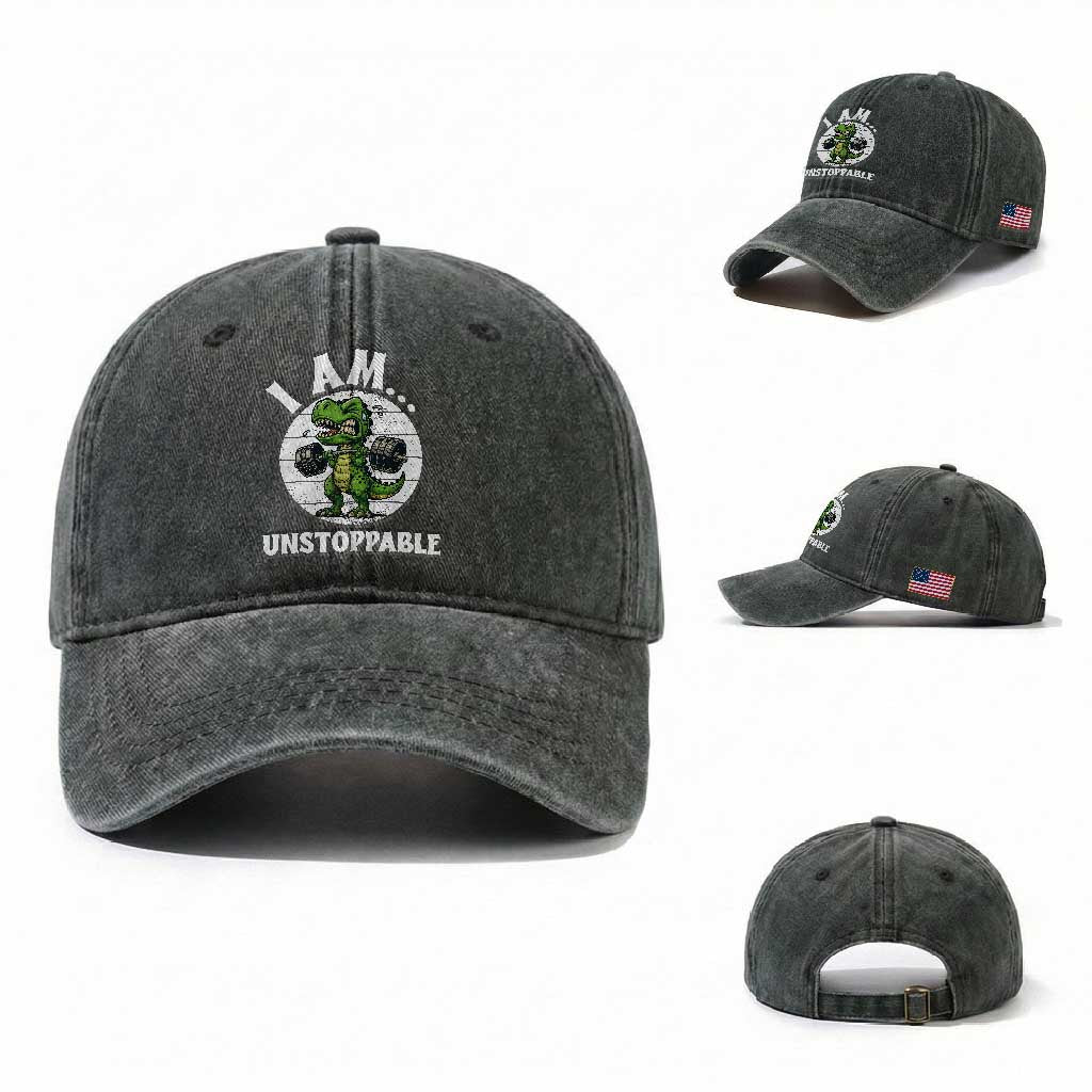 I Am Unstoppable Washed Cotton Baseball Cap Funny Weightlifting Dinosaur Gym