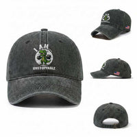 I Am Unstoppable Washed Cotton Baseball Cap Funny Weightlifting Dinosaur Gym